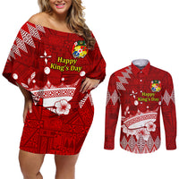 Personalised Tonga King Tupou I Day Couples Matching Off Shoulder Short Dress and Long Sleeve Button Shirt Tongan Ngatu Pattern With Crown - Wonder Print Shop