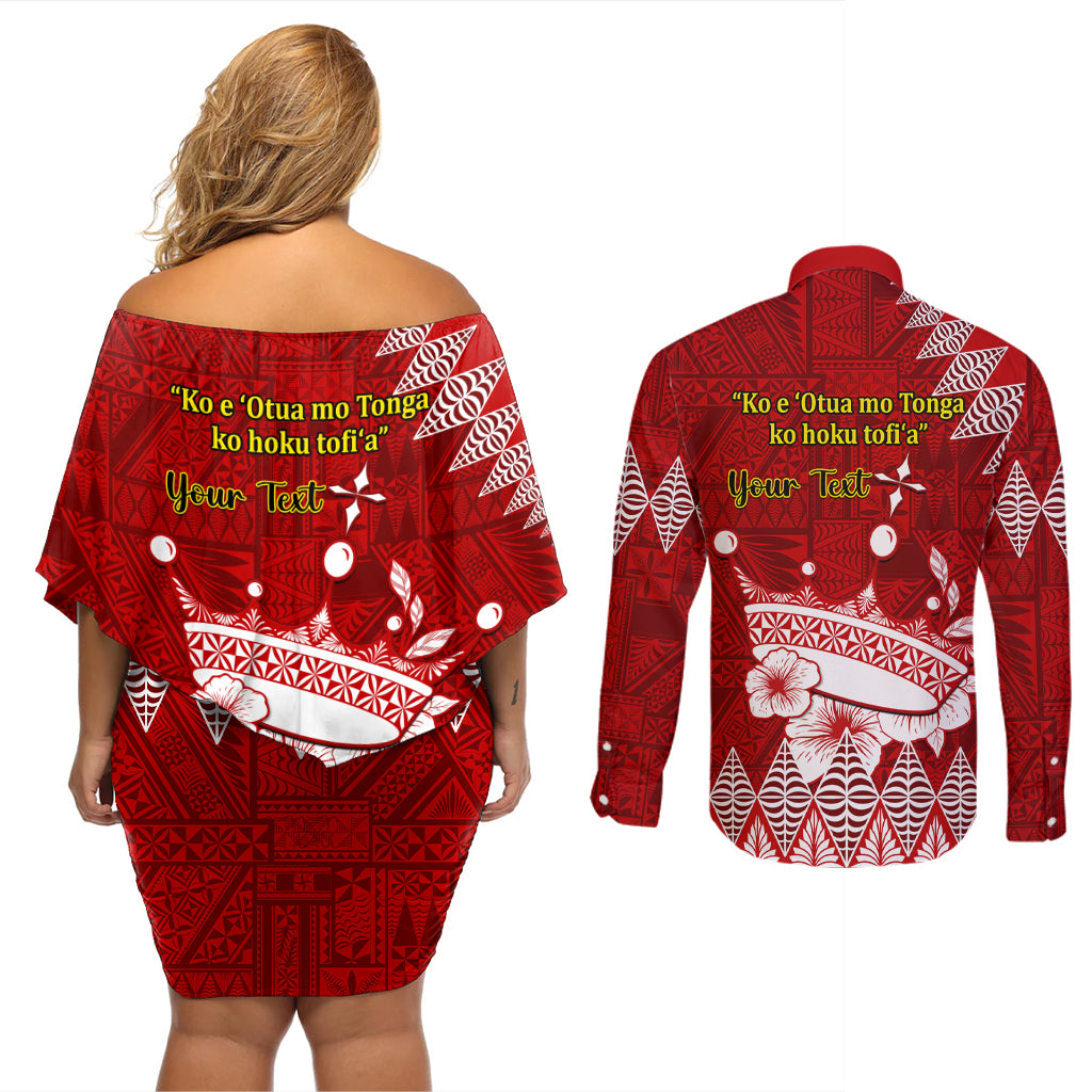 Personalised Tonga King Tupou I Day Couples Matching Off Shoulder Short Dress and Long Sleeve Button Shirt Tongan Ngatu Pattern With Crown - Wonder Print Shop