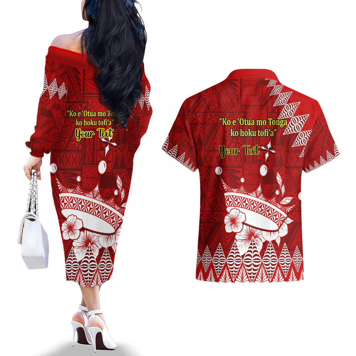 Personalised Tonga King Tupou I Day Couples Matching Off The Shoulder Long Sleeve Dress and Hawaiian Shirt Tongan Ngatu Pattern With Crown - Wonder Print Shop