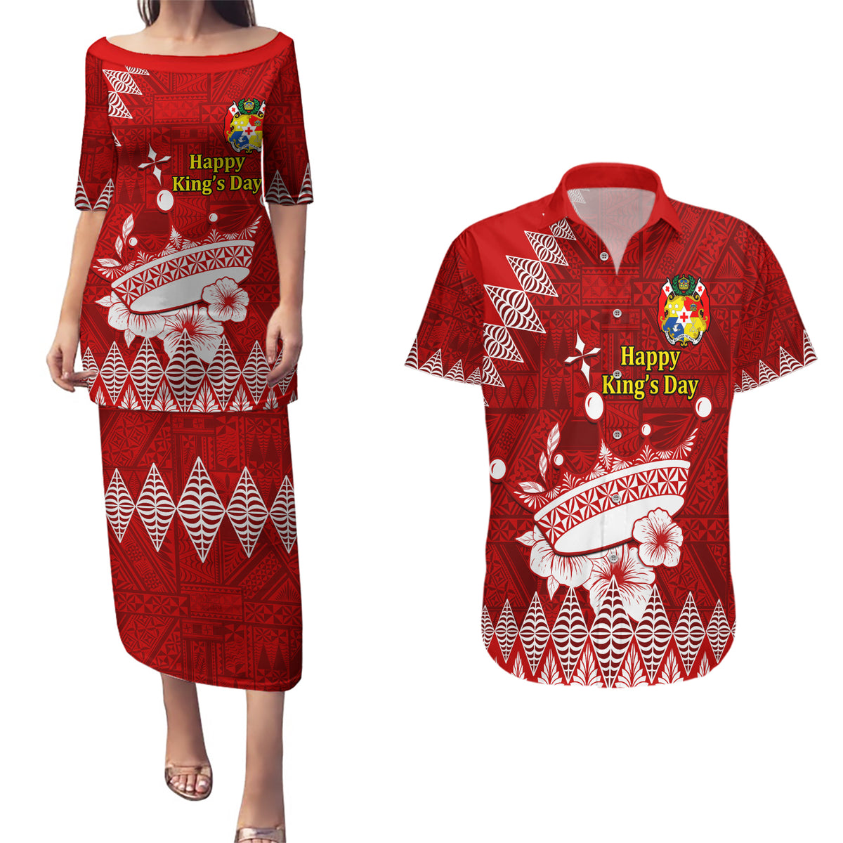 Personalised Tonga King Tupou I Day Couples Matching Puletasi Dress and Hawaiian Shirt Tongan Ngatu Pattern With Crown - Wonder Print Shop