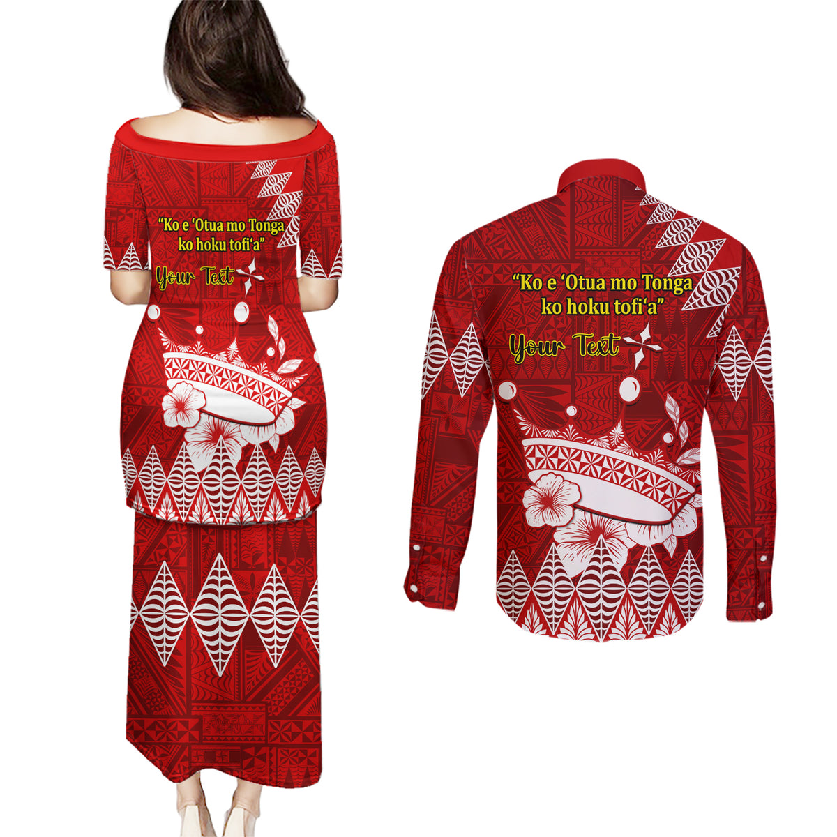Personalised Tonga King Tupou I Day Couples Matching Puletasi Dress and Long Sleeve Button Shirt Tongan Ngatu Pattern With Crown - Wonder Print Shop