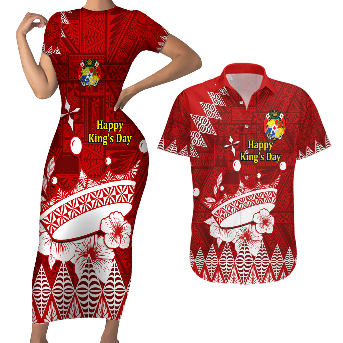 Personalised Tonga King Tupou I Day Couples Matching Short Sleeve Bodycon Dress and Hawaiian Shirt Tongan Ngatu Pattern With Crown - Wonder Print Shop