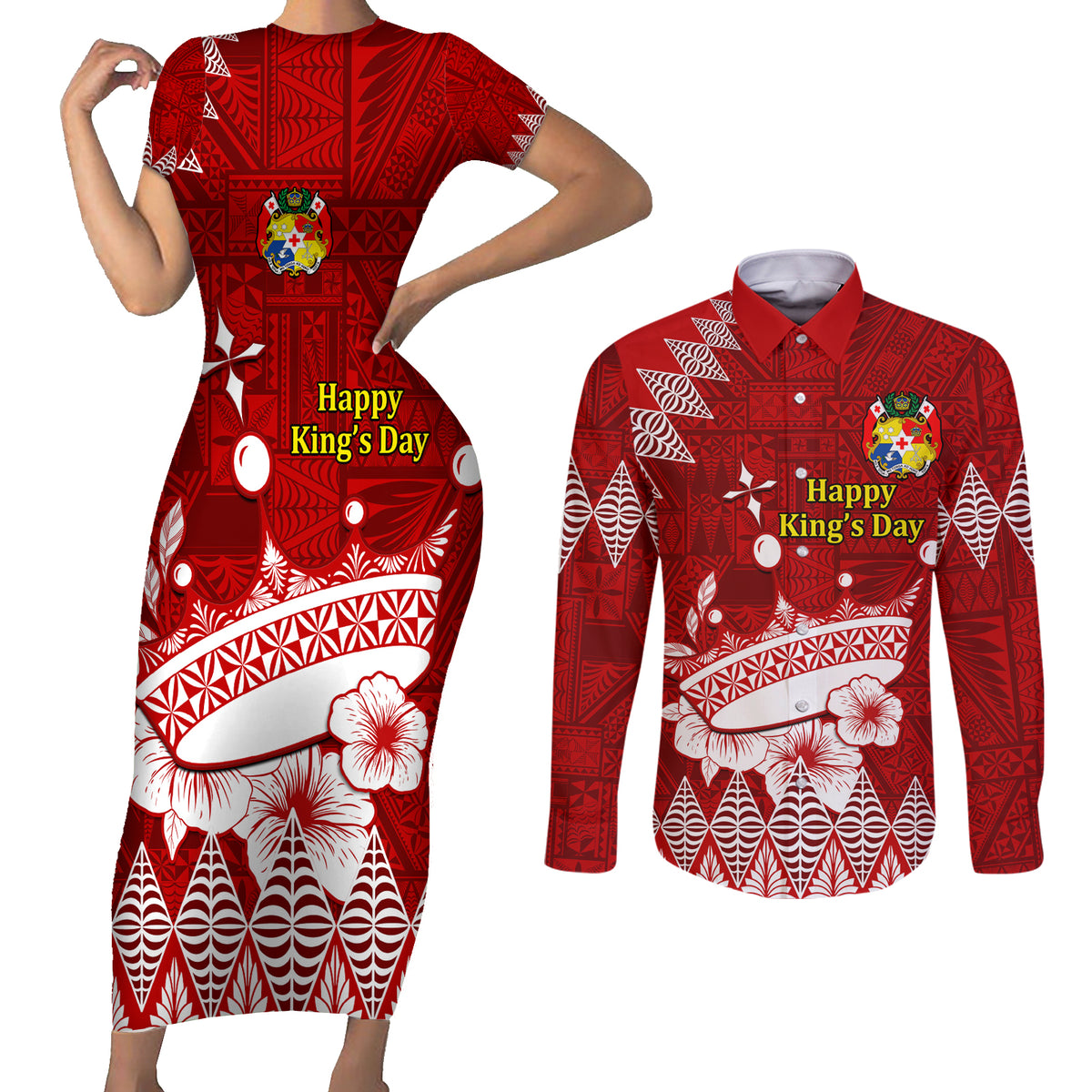Personalised Tonga King Tupou I Day Couples Matching Short Sleeve Bodycon Dress and Long Sleeve Button Shirt Tongan Ngatu Pattern With Crown - Wonder Print Shop