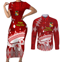 Personalised Tonga King Tupou I Day Couples Matching Short Sleeve Bodycon Dress and Long Sleeve Button Shirt Tongan Ngatu Pattern With Crown - Wonder Print Shop
