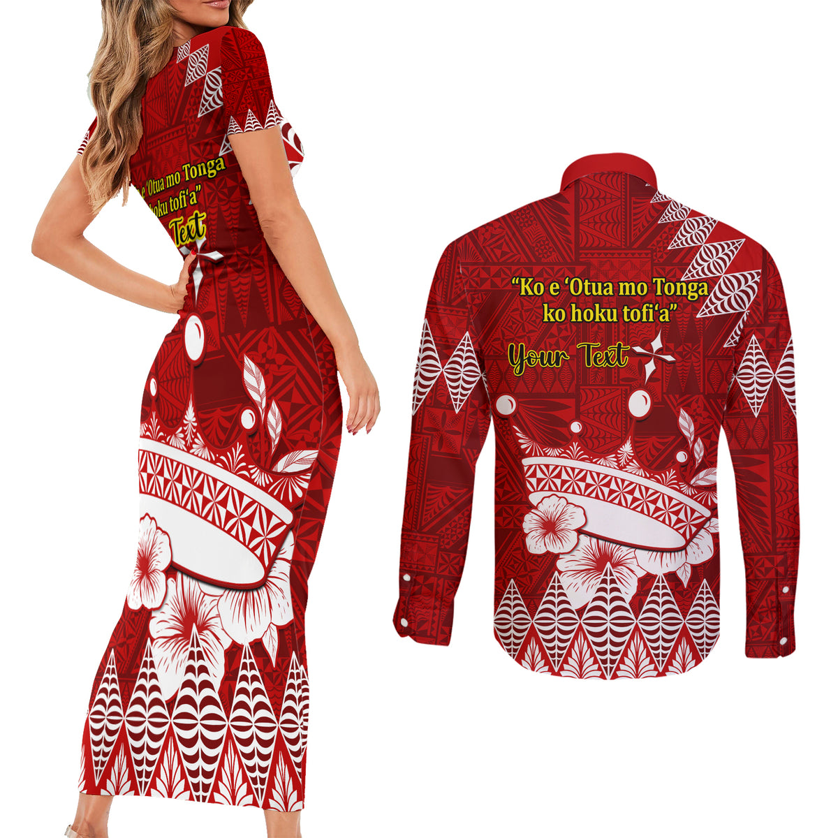 Personalised Tonga King Tupou I Day Couples Matching Short Sleeve Bodycon Dress and Long Sleeve Button Shirt Tongan Ngatu Pattern With Crown - Wonder Print Shop