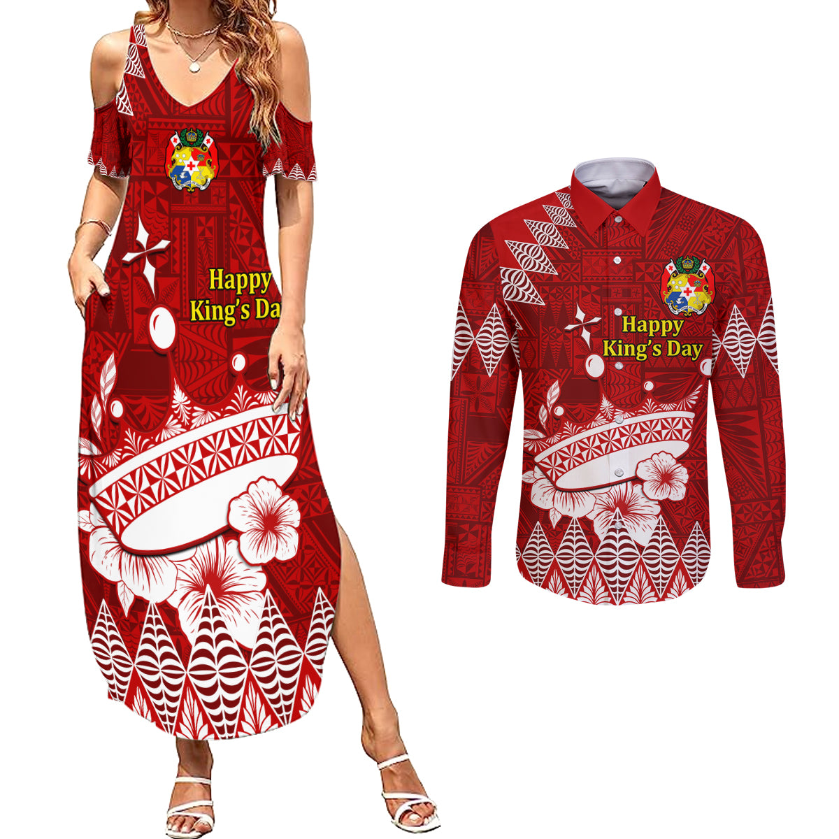 Personalised Tonga King Tupou I Day Couples Matching Summer Maxi Dress and Long Sleeve Button Shirt Tongan Ngatu Pattern With Crown - Wonder Print Shop