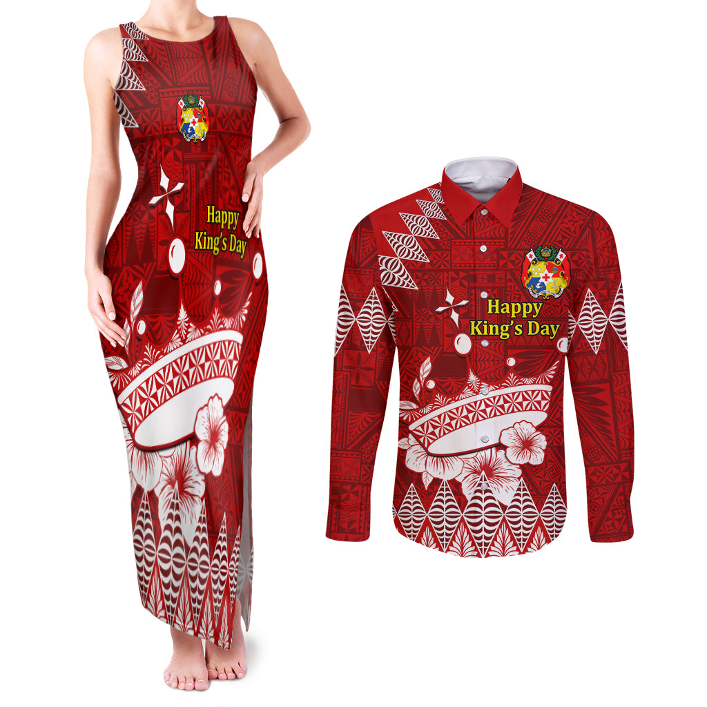 Personalised Tonga King Tupou I Day Couples Matching Tank Maxi Dress and Long Sleeve Button Shirt Tongan Ngatu Pattern With Crown - Wonder Print Shop