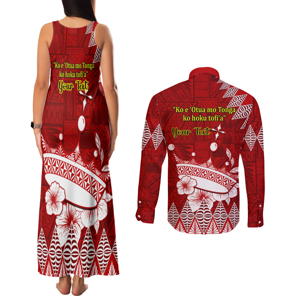 Personalised Tonga King Tupou I Day Couples Matching Tank Maxi Dress and Long Sleeve Button Shirt Tongan Ngatu Pattern With Crown - Wonder Print Shop