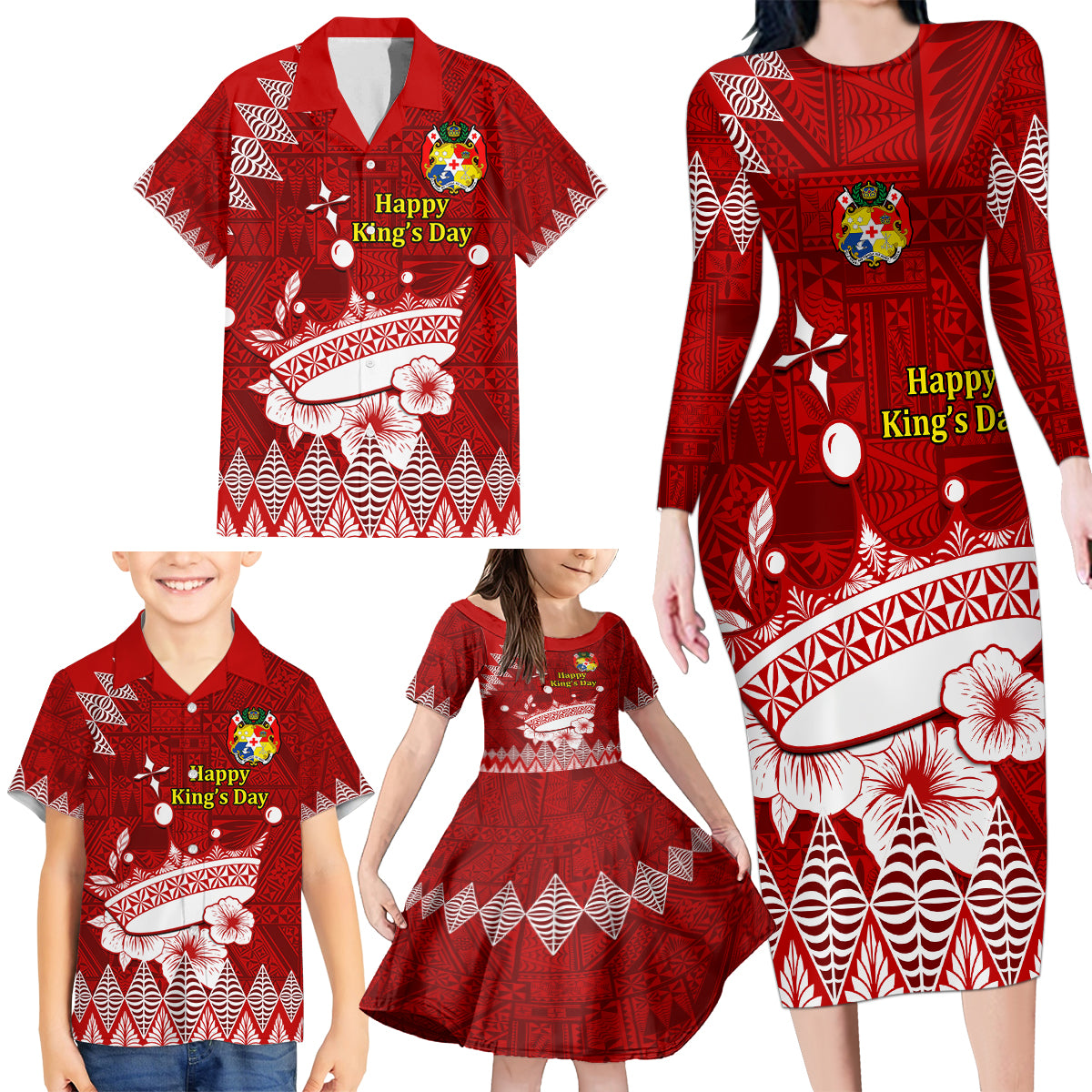 Personalised Tonga King Tupou I Day Family Matching Long Sleeve Bodycon Dress and Hawaiian Shirt Tongan Ngatu Pattern With Crown - Wonder Print Shop