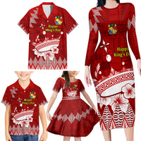 Personalised Tonga King Tupou I Day Family Matching Long Sleeve Bodycon Dress and Hawaiian Shirt Tongan Ngatu Pattern With Crown - Wonder Print Shop