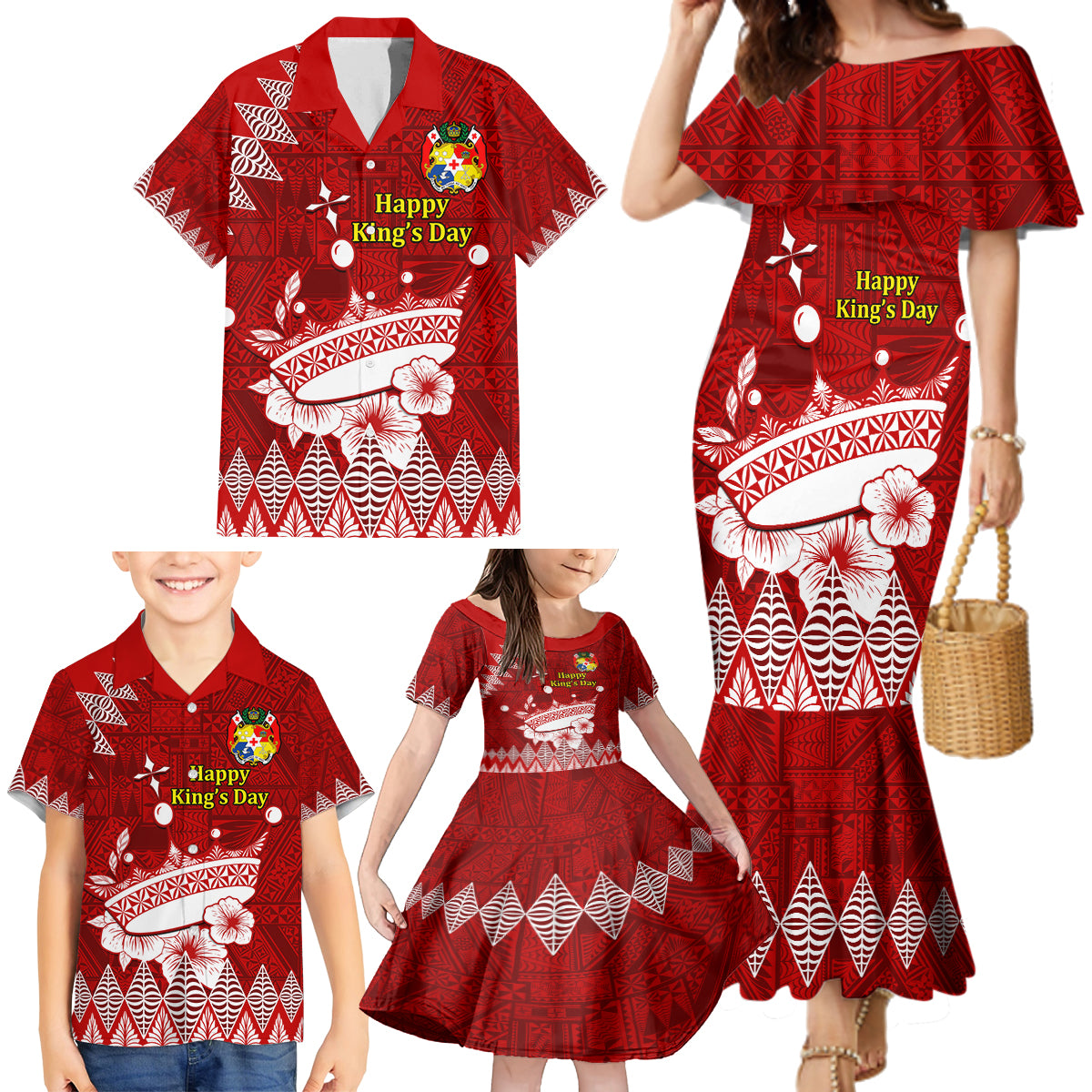 Personalised Tonga King Tupou I Day Family Matching Mermaid Dress and Hawaiian Shirt Tongan Ngatu Pattern With Crown - Wonder Print Shop