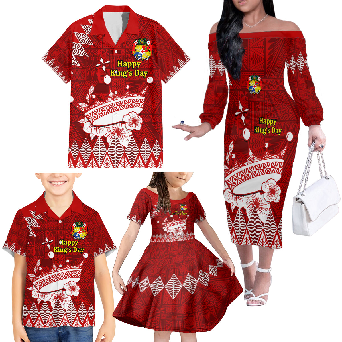 Personalised Tonga King Tupou I Day Family Matching Off Shoulder Long Sleeve Dress and Hawaiian Shirt Tongan Ngatu Pattern With Crown - Wonder Print Shop