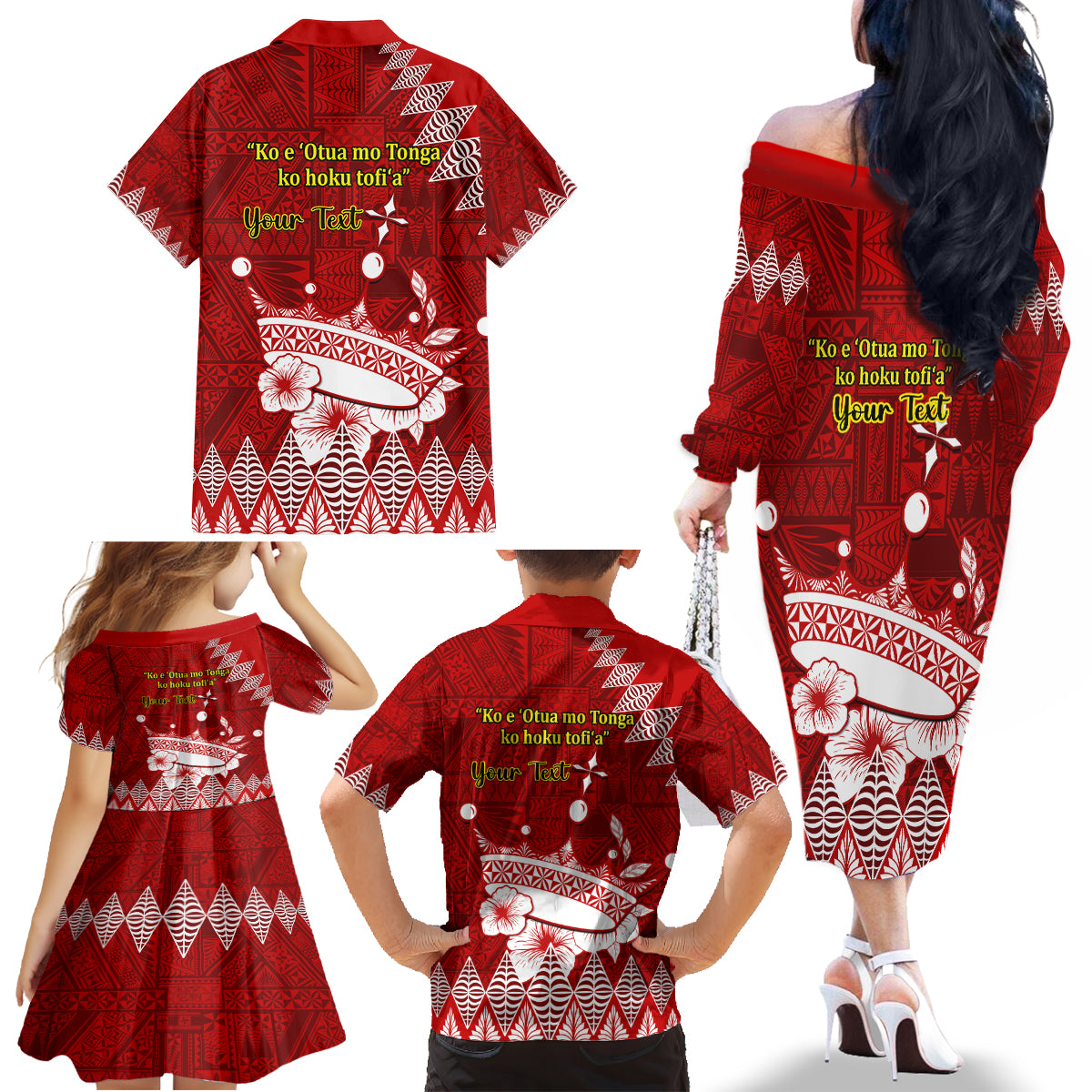 Personalised Tonga King Tupou I Day Family Matching Off Shoulder Long Sleeve Dress and Hawaiian Shirt Tongan Ngatu Pattern With Crown - Wonder Print Shop