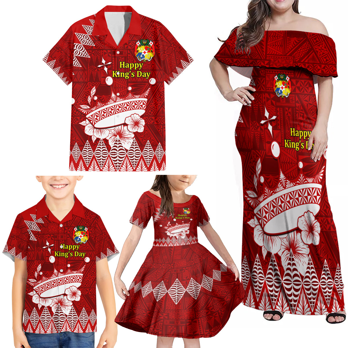 Personalised Tonga King Tupou I Day Family Matching Off Shoulder Maxi Dress and Hawaiian Shirt Tongan Ngatu Pattern With Crown - Wonder Print Shop