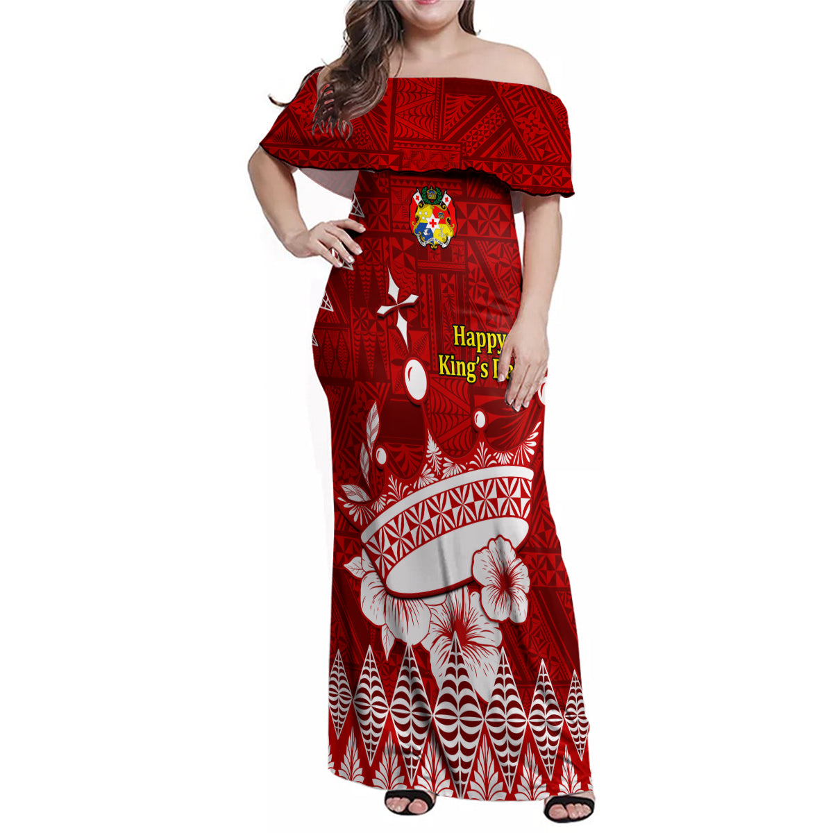 Personalised Tonga King Tupou I Day Family Matching Off Shoulder Maxi Dress and Hawaiian Shirt Tongan Ngatu Pattern With Crown - Wonder Print Shop