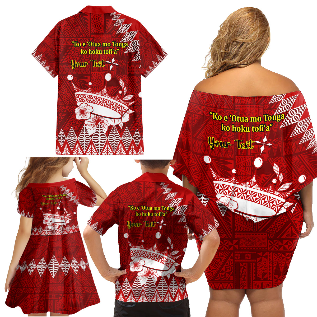 Personalised Tonga King Tupou I Day Family Matching Off Shoulder Short Dress and Hawaiian Shirt Tongan Ngatu Pattern With Crown - Wonder Print Shop