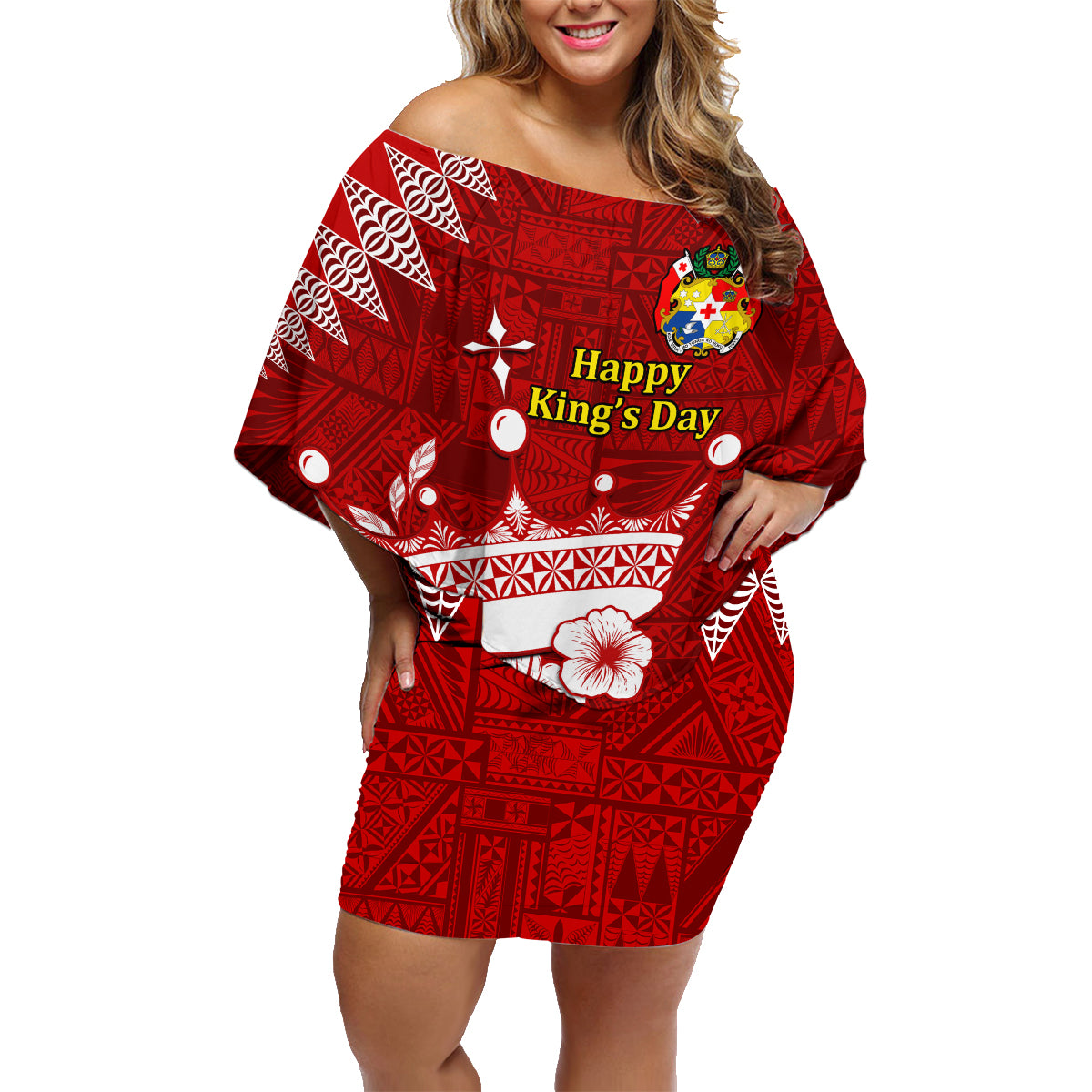 Personalised Tonga King Tupou I Day Family Matching Off Shoulder Short Dress and Hawaiian Shirt Tongan Ngatu Pattern With Crown - Wonder Print Shop
