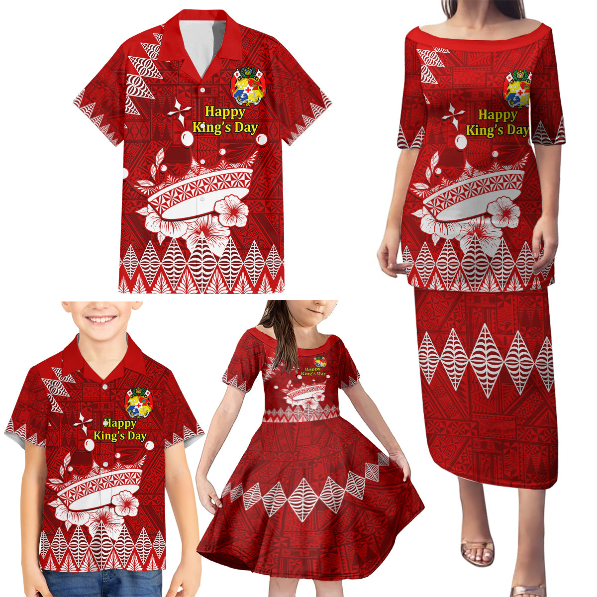 Personalised Tonga King Tupou I Day Family Matching Puletasi Dress and Hawaiian Shirt Tongan Ngatu Pattern With Crown - Wonder Print Shop