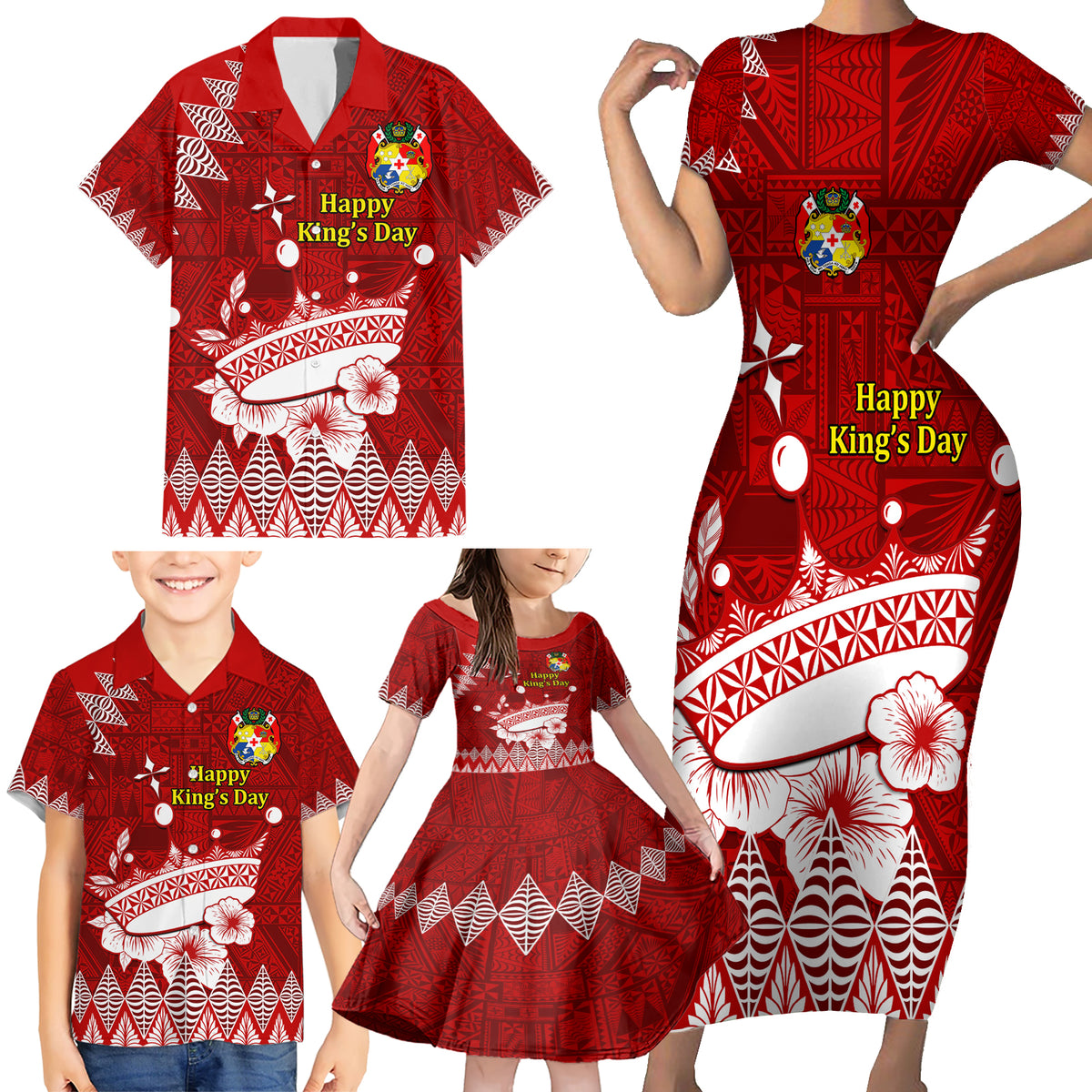 Personalised Tonga King Tupou I Day Family Matching Short Sleeve Bodycon Dress and Hawaiian Shirt Tongan Ngatu Pattern With Crown - Wonder Print Shop