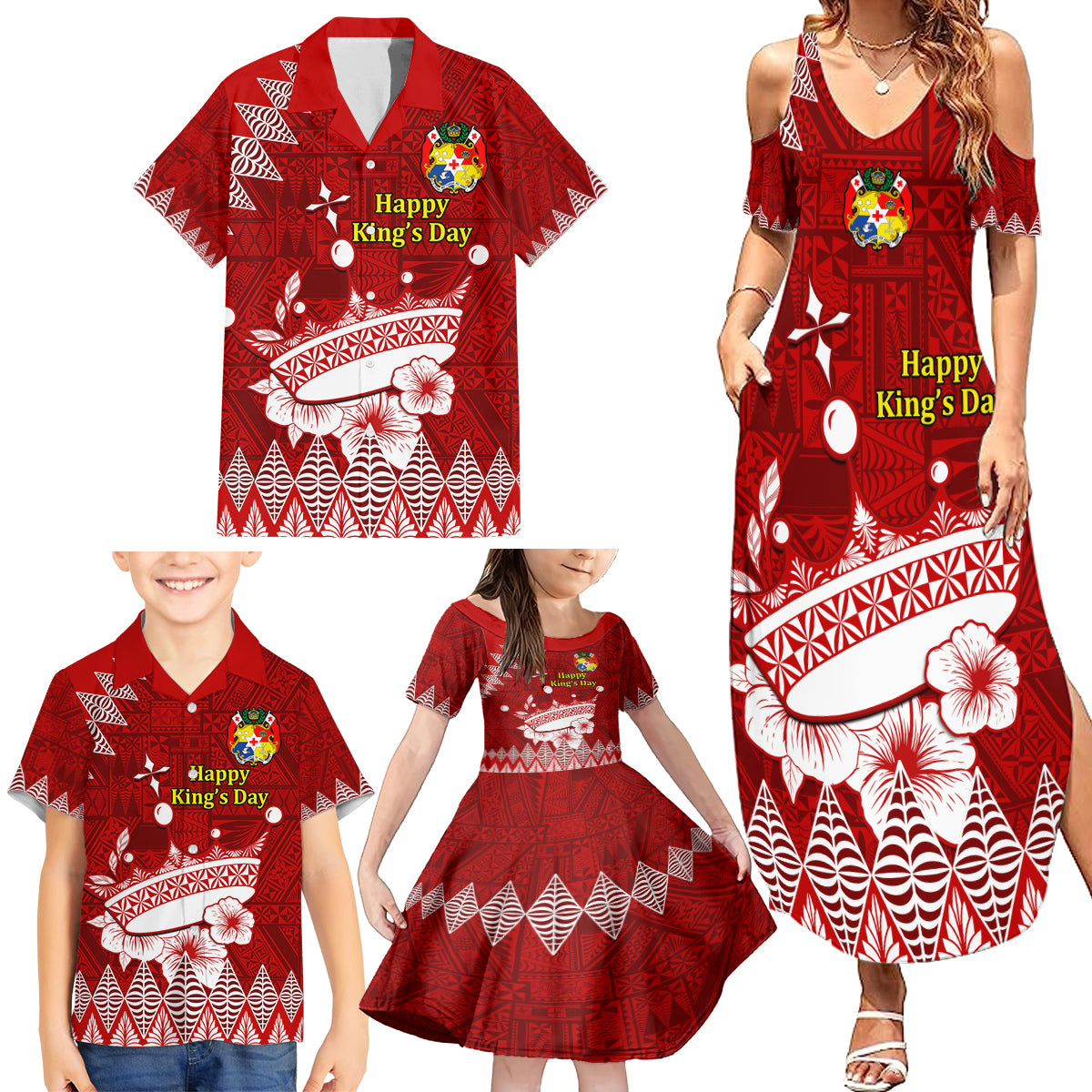 Personalised Tonga King Tupou I Day Family Matching Summer Maxi Dress and Hawaiian Shirt Tongan Ngatu Pattern With Crown - Wonder Print Shop