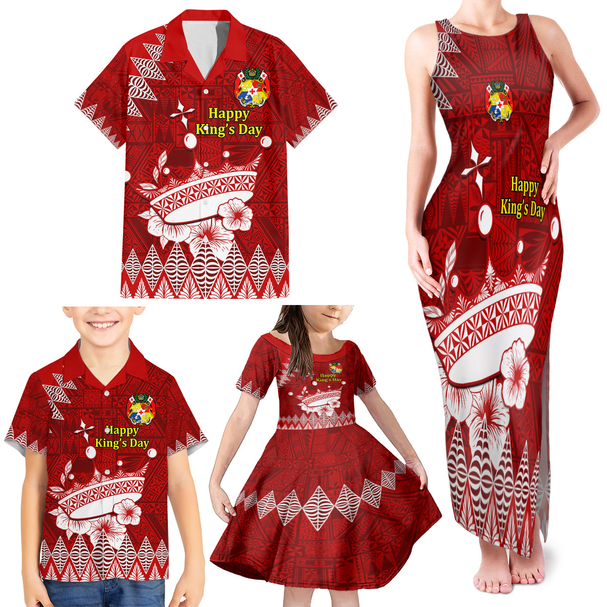 Personalised Tonga King Tupou I Day Family Matching Tank Maxi Dress and Hawaiian Shirt Tongan Ngatu Pattern With Crown - Wonder Print Shop