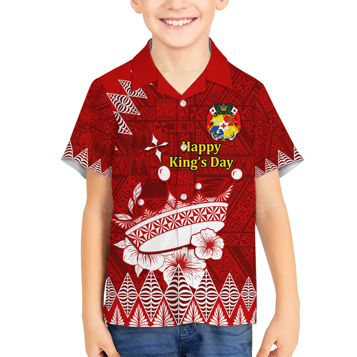 Personalised Tonga King Tupou I Day Kid Hawaiian Shirt Tongan Ngatu Pattern With Crown - Wonder Print Shop