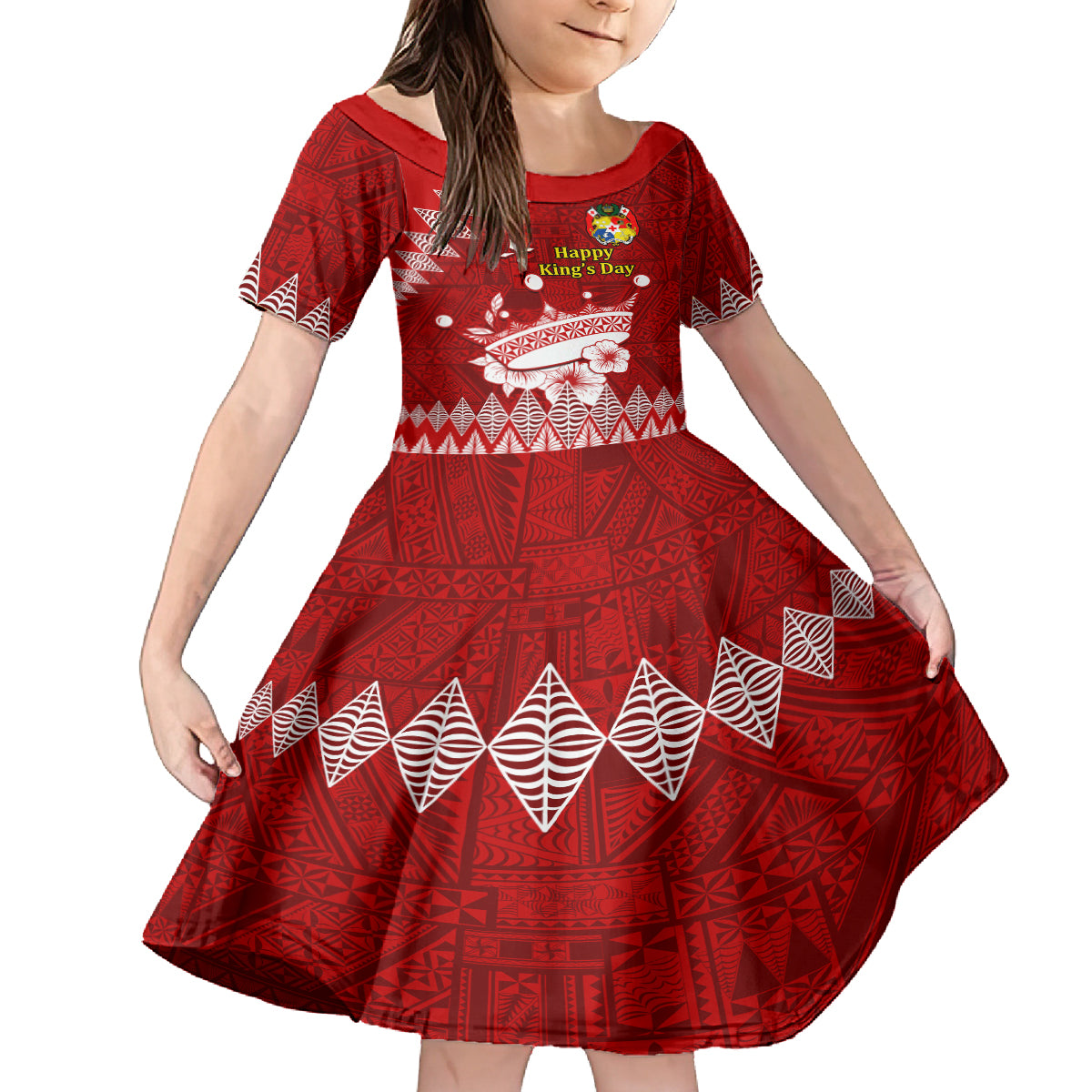 Personalised Tonga King Tupou I Day Kid Short Sleeve Dress Tongan Ngatu Pattern With Crown - Wonder Print Shop