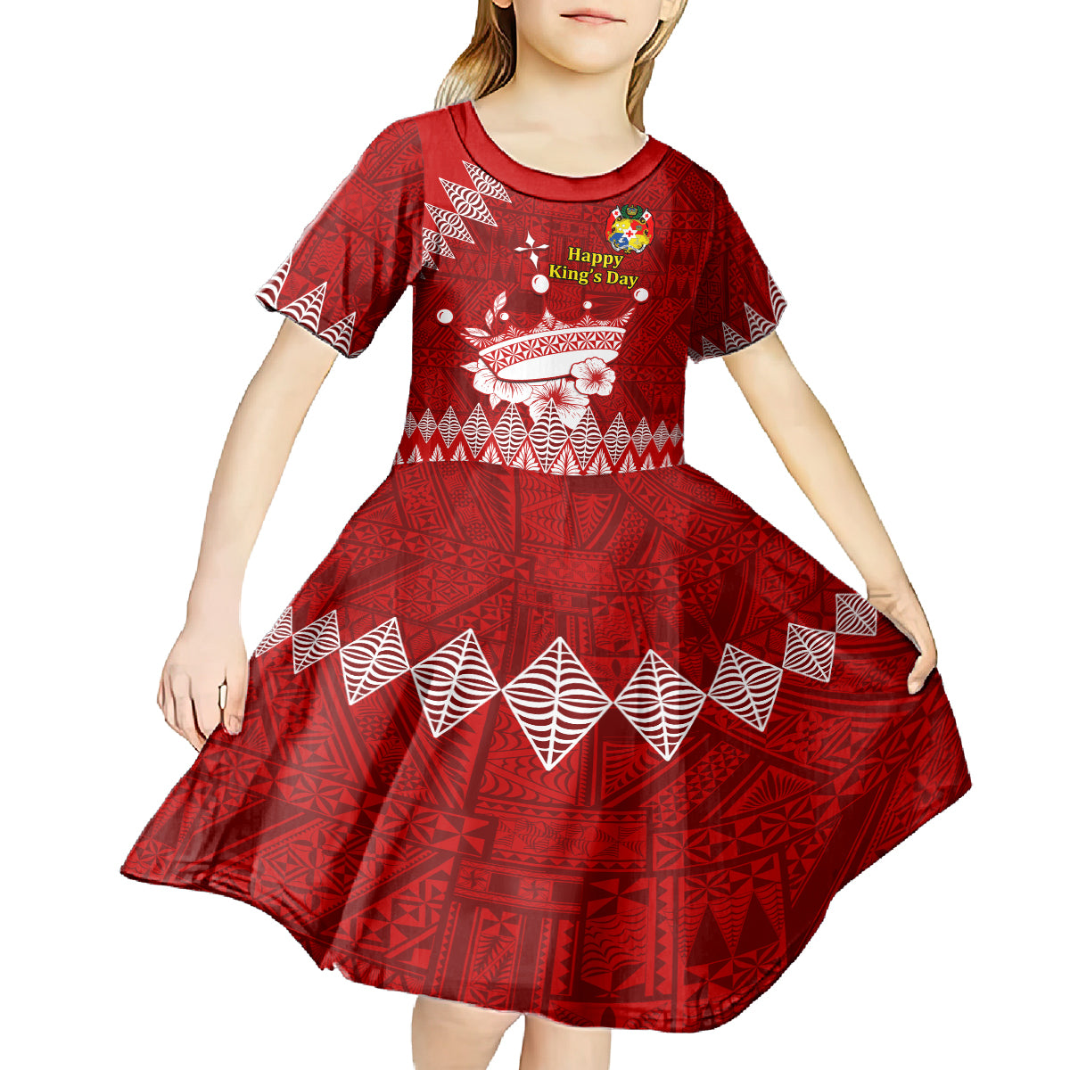 Personalised Tonga King Tupou I Day Kid Short Sleeve Dress Tongan Ngatu Pattern With Crown - Wonder Print Shop