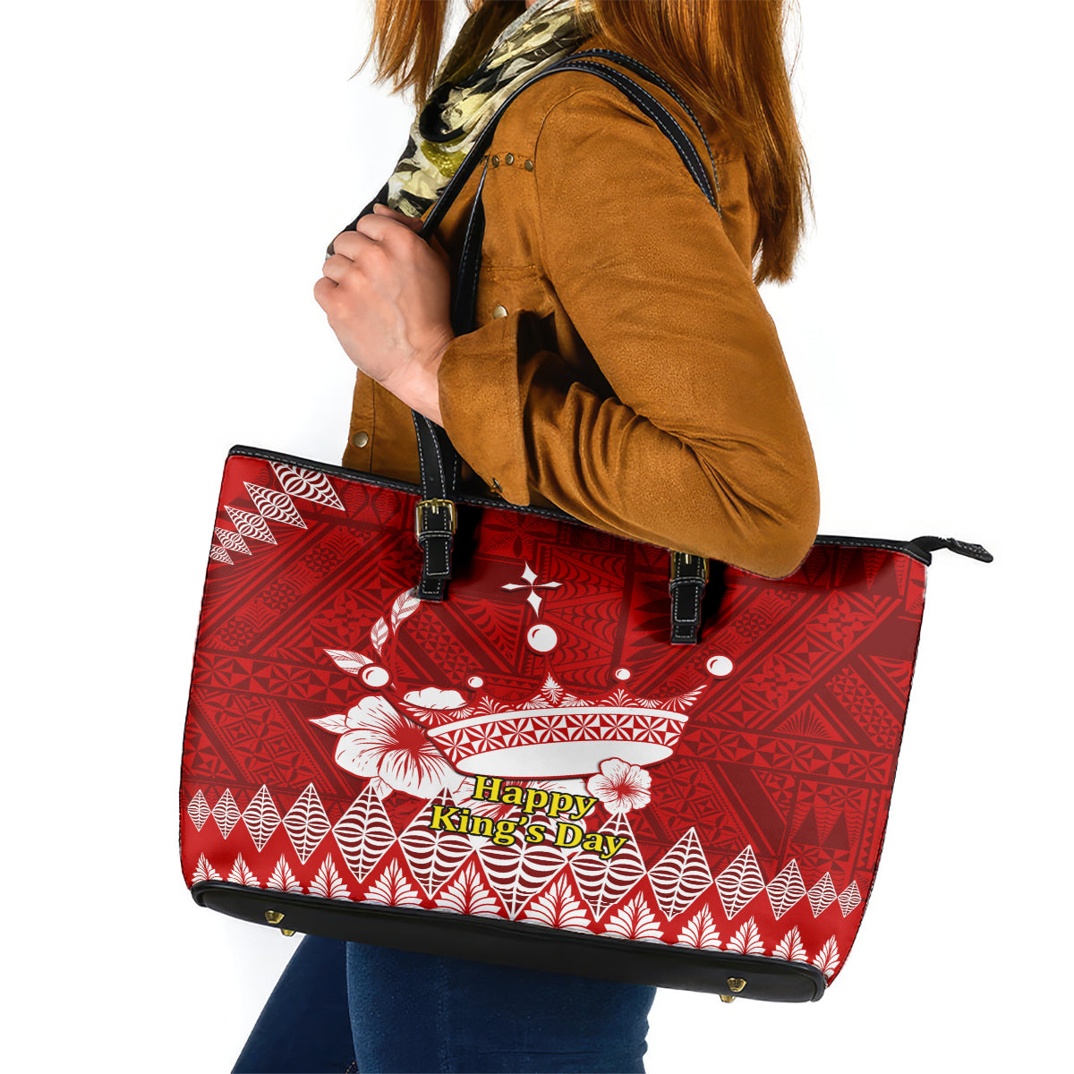 Personalised Tonga King Tupou I Day Leather Tote Bag Tongan Ngatu Pattern With Crown - Wonder Print Shop