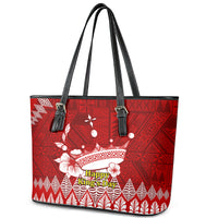 Personalised Tonga King Tupou I Day Leather Tote Bag Tongan Ngatu Pattern With Crown - Wonder Print Shop