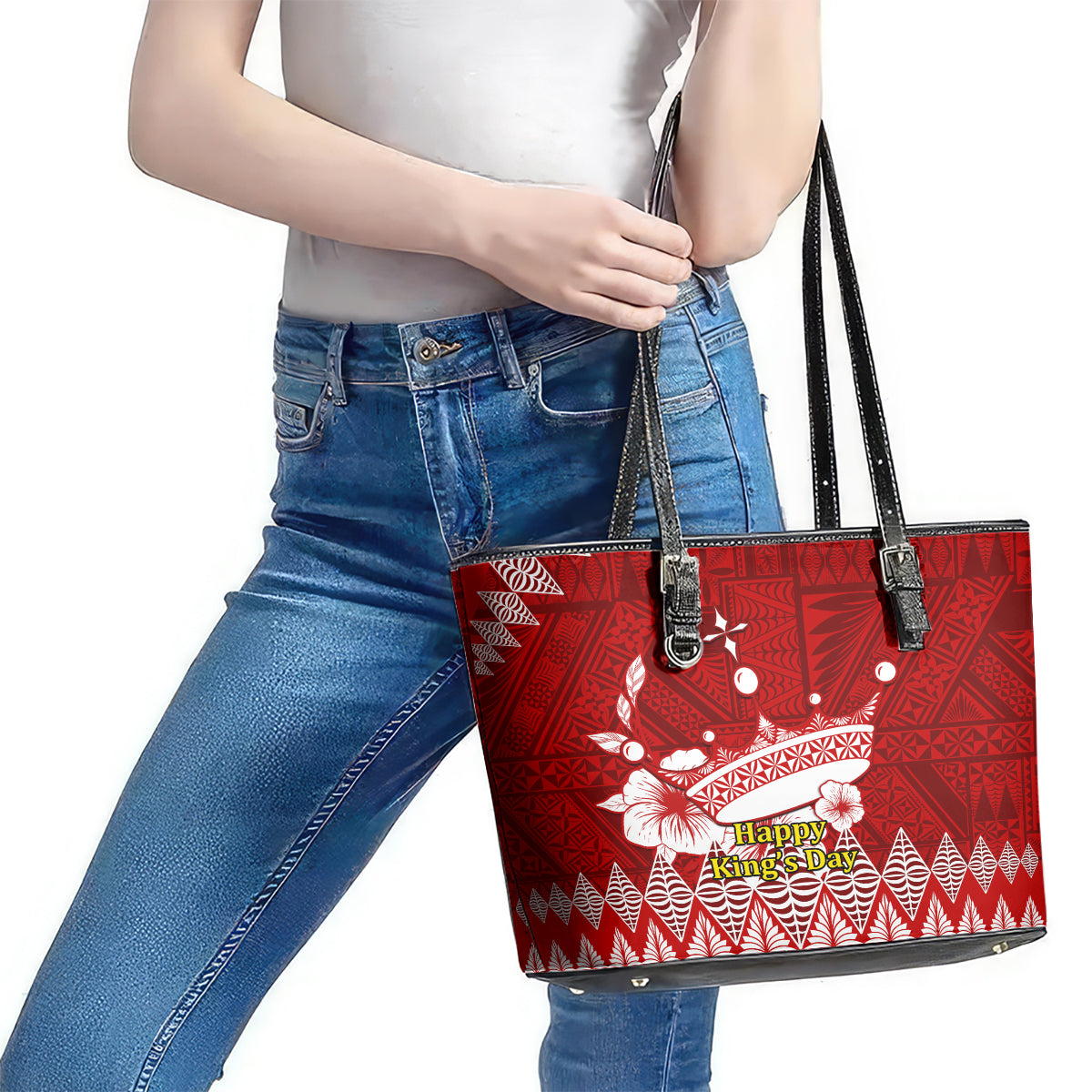 Personalised Tonga King Tupou I Day Leather Tote Bag Tongan Ngatu Pattern With Crown - Wonder Print Shop