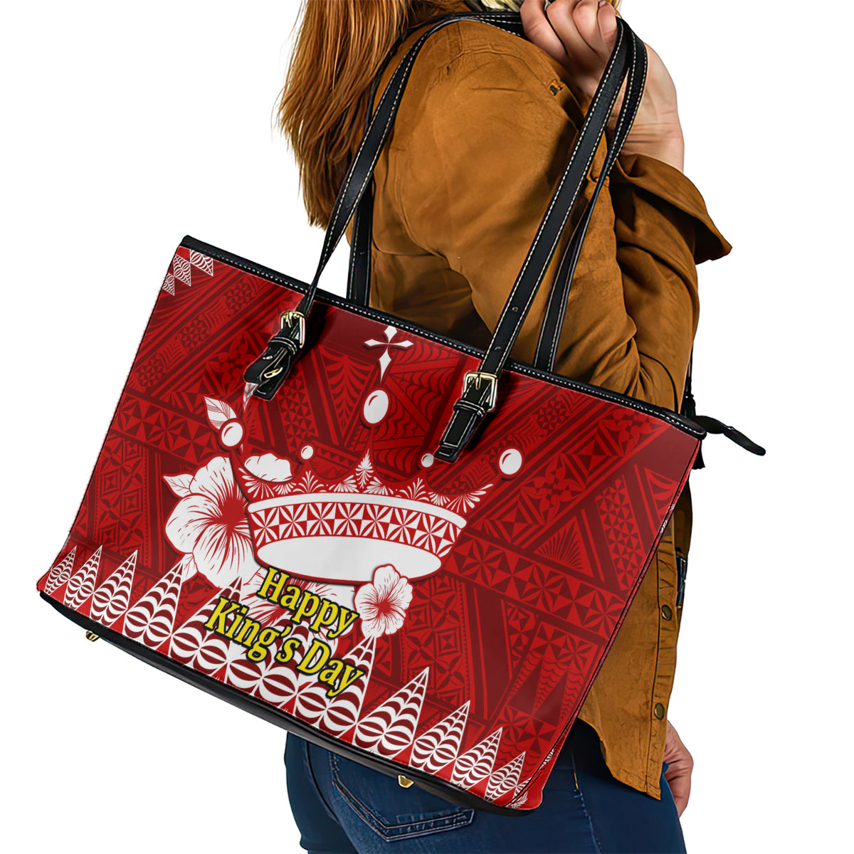 Personalised Tonga King Tupou I Day Leather Tote Bag Tongan Ngatu Pattern With Crown - Wonder Print Shop