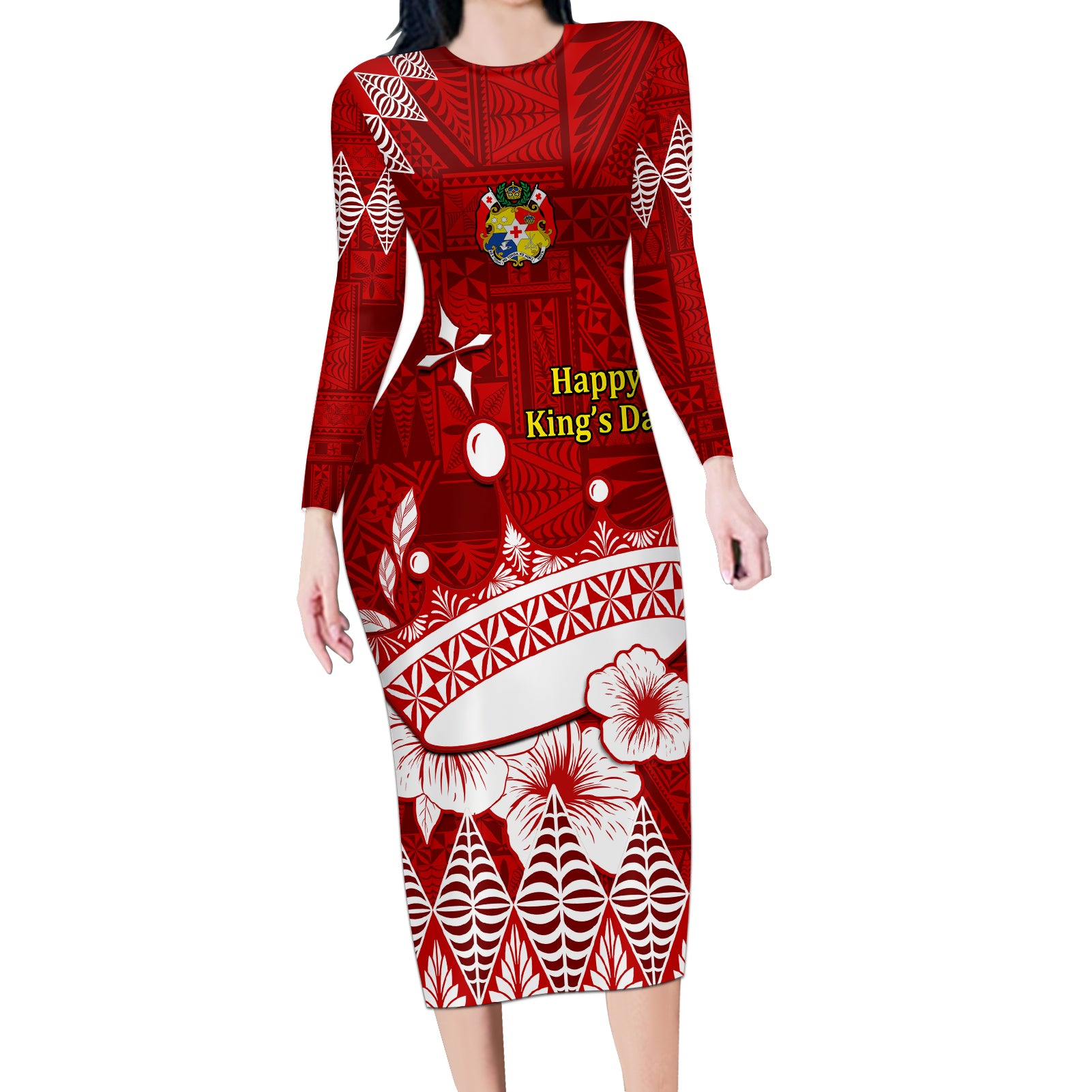 Personalised Tonga King Tupou I Day Long Sleeve Bodycon Dress Tongan Ngatu Pattern With Crown - Wonder Print Shop