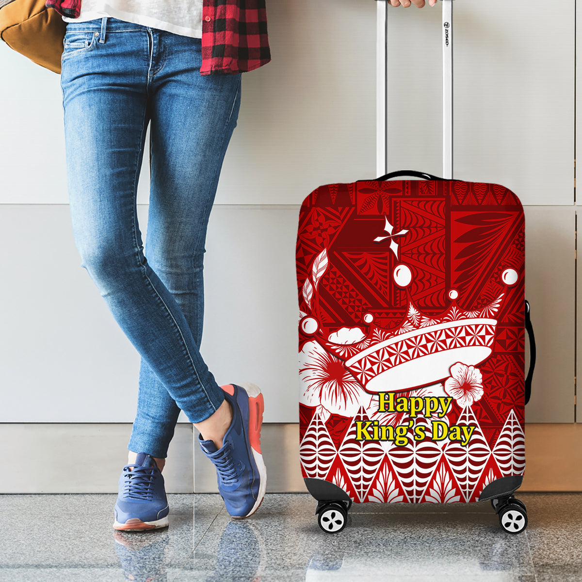 Personalised Tonga King Tupou I Day Luggage Cover Tongan Ngatu Pattern With Crown - Wonder Print Shop