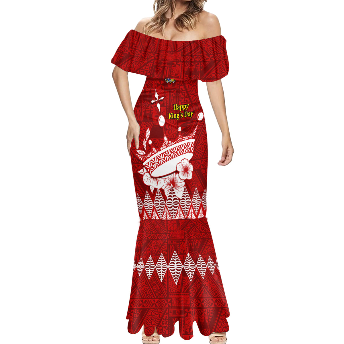 Personalised Tonga King Tupou I Day Mermaid Dress Tongan Ngatu Pattern With Crown - Wonder Print Shop
