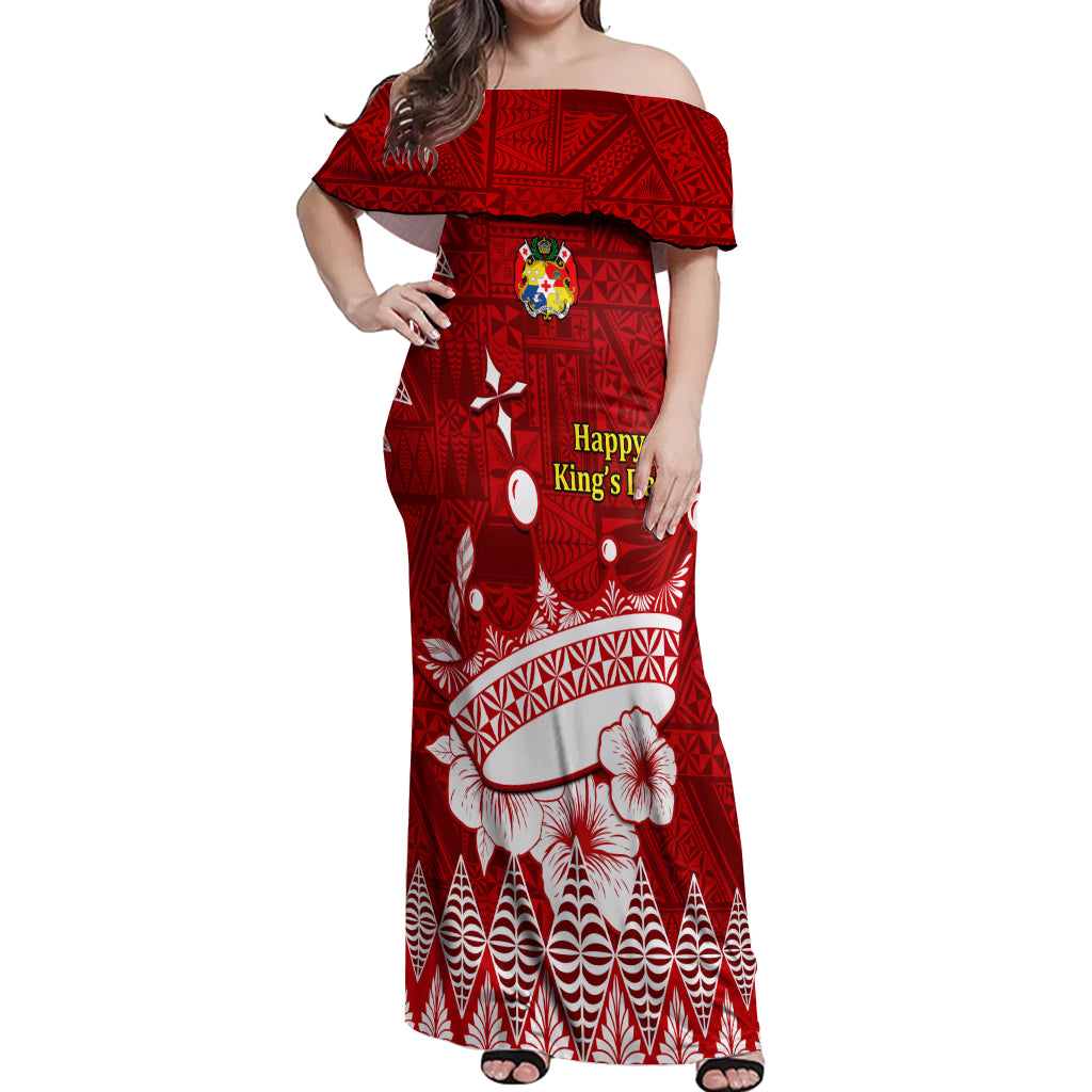 Personalised Tonga King Tupou I Day Off Shoulder Maxi Dress Tongan Ngatu Pattern With Crown - Wonder Print Shop