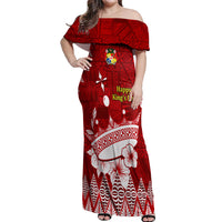 Personalised Tonga King Tupou I Day Off Shoulder Maxi Dress Tongan Ngatu Pattern With Crown - Wonder Print Shop