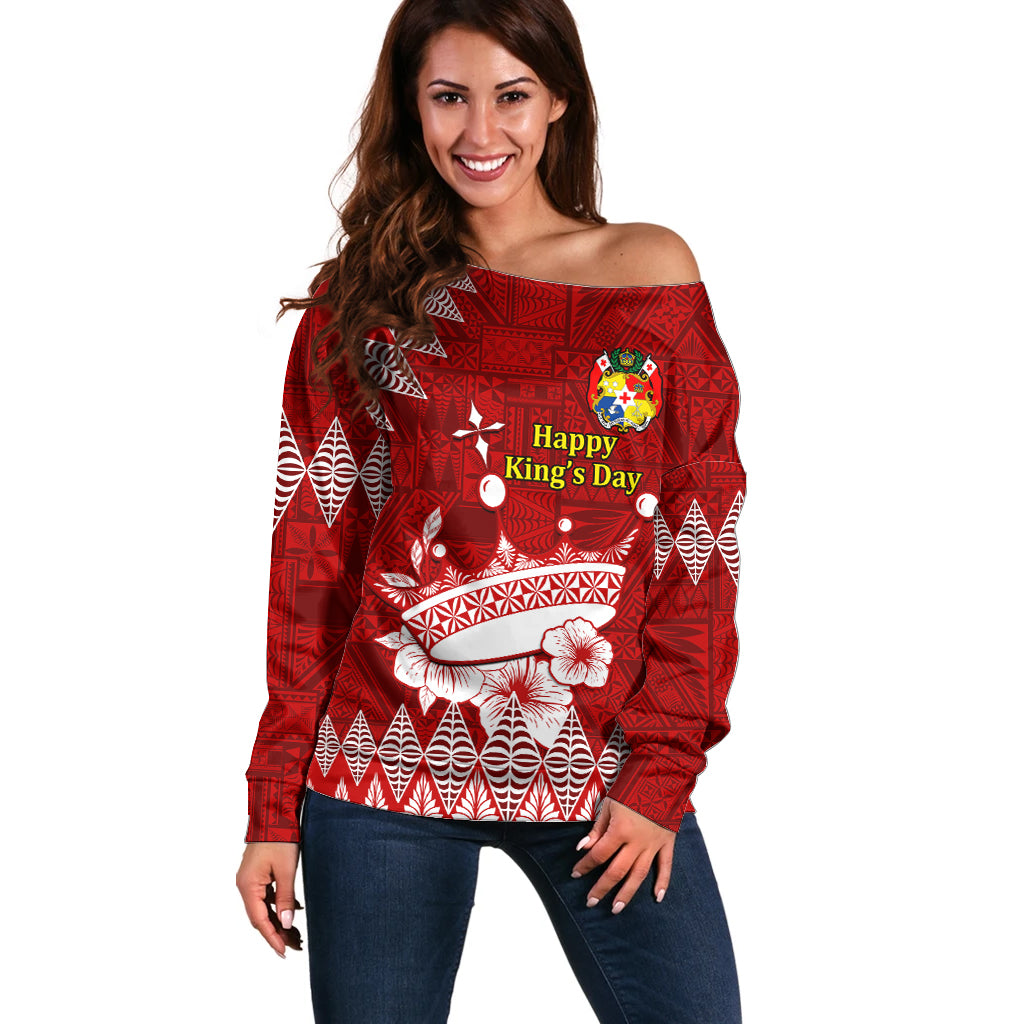 Personalised Tonga King Tupou I Day Off Shoulder Sweater Tongan Ngatu Pattern With Crown - Wonder Print Shop