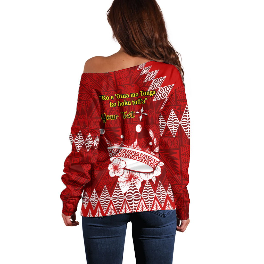 Personalised Tonga King Tupou I Day Off Shoulder Sweater Tongan Ngatu Pattern With Crown - Wonder Print Shop