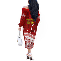 Personalised Tonga King Tupou I Day Off The Shoulder Long Sleeve Dress Tongan Ngatu Pattern With Crown - Wonder Print Shop
