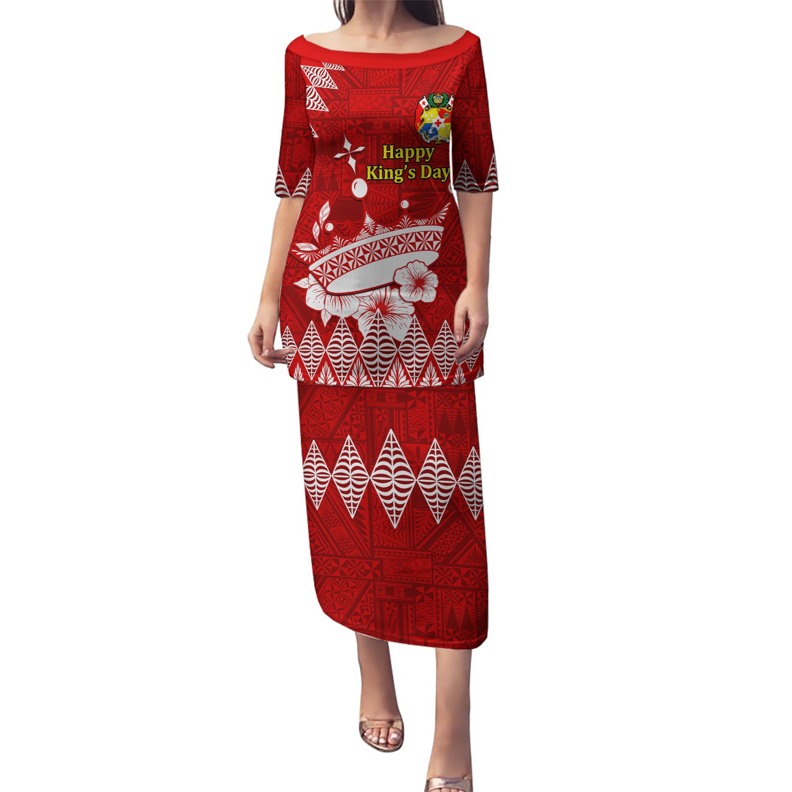 Personalised Tonga King Tupou I Day Puletasi Tongan Ngatu Pattern With Crown - Wonder Print Shop