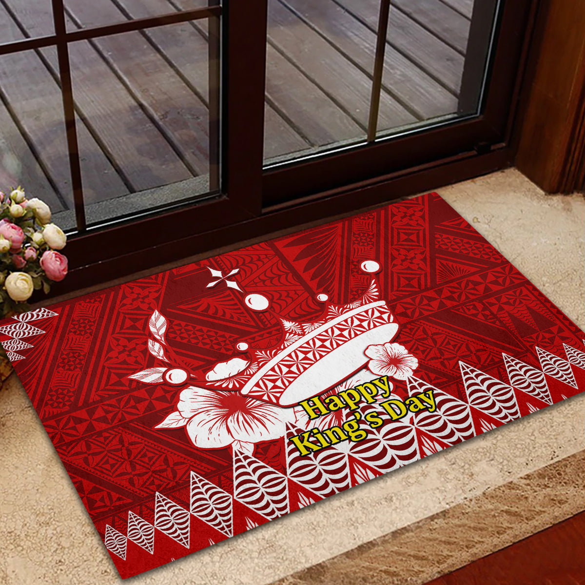 Personalised Tonga King Tupou I Day Rubber Doormat Tongan Ngatu Pattern With Crown - Wonder Print Shop