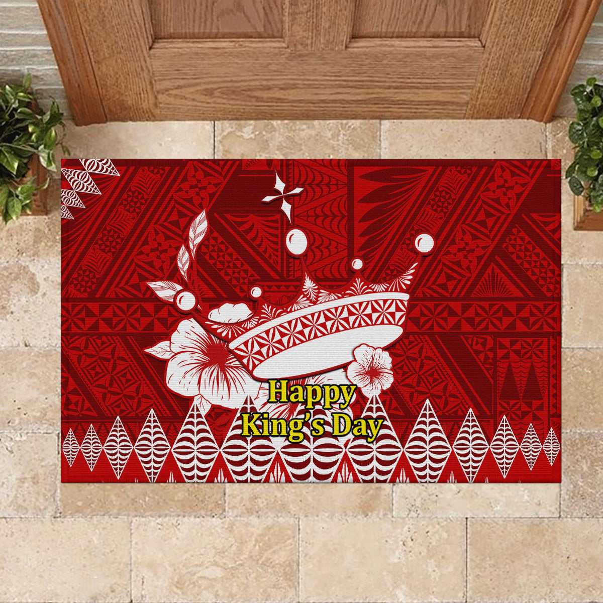 Personalised Tonga King Tupou I Day Rubber Doormat Tongan Ngatu Pattern With Crown - Wonder Print Shop