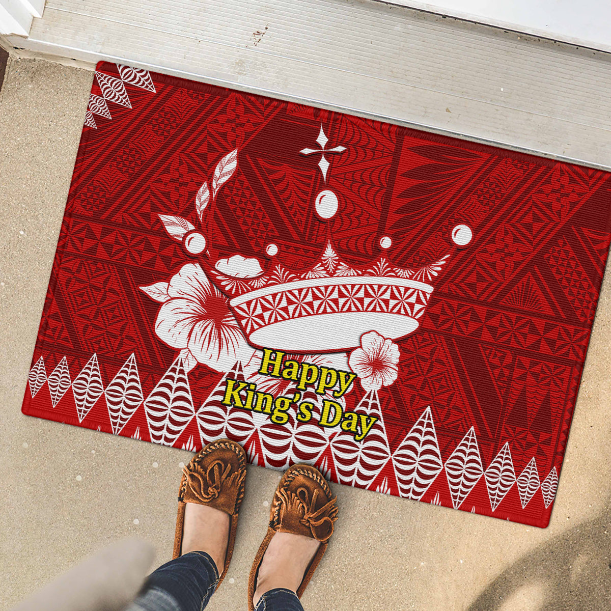 Personalised Tonga King Tupou I Day Rubber Doormat Tongan Ngatu Pattern With Crown - Wonder Print Shop