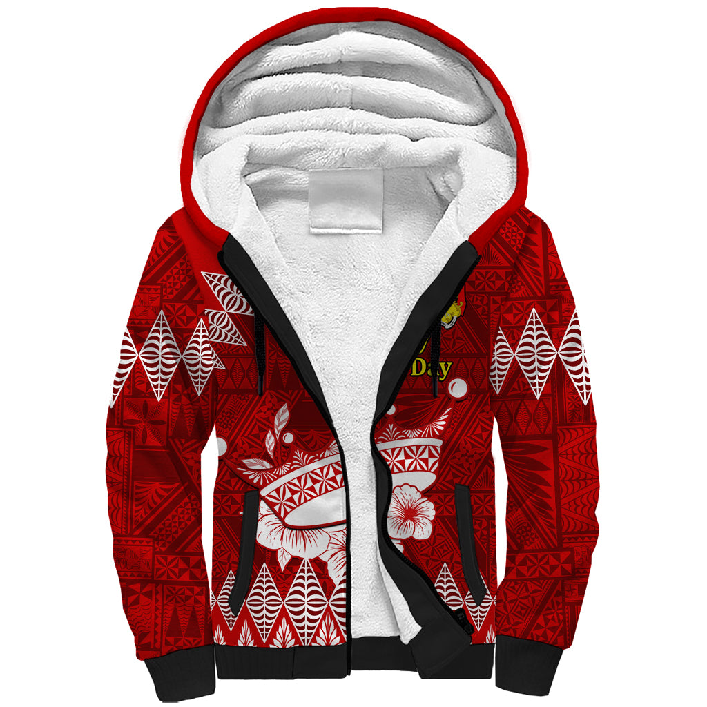 Personalised Tonga King Tupou I Day Sherpa Hoodie Tongan Ngatu Pattern With Crown - Wonder Print Shop