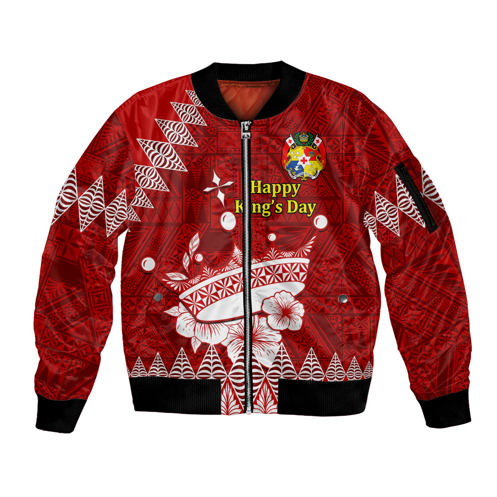 Personalised Tonga King Tupou I Day Sleeve Zip Bomber Jacket Tongan Ngatu Pattern With Crown - Wonder Print Shop
