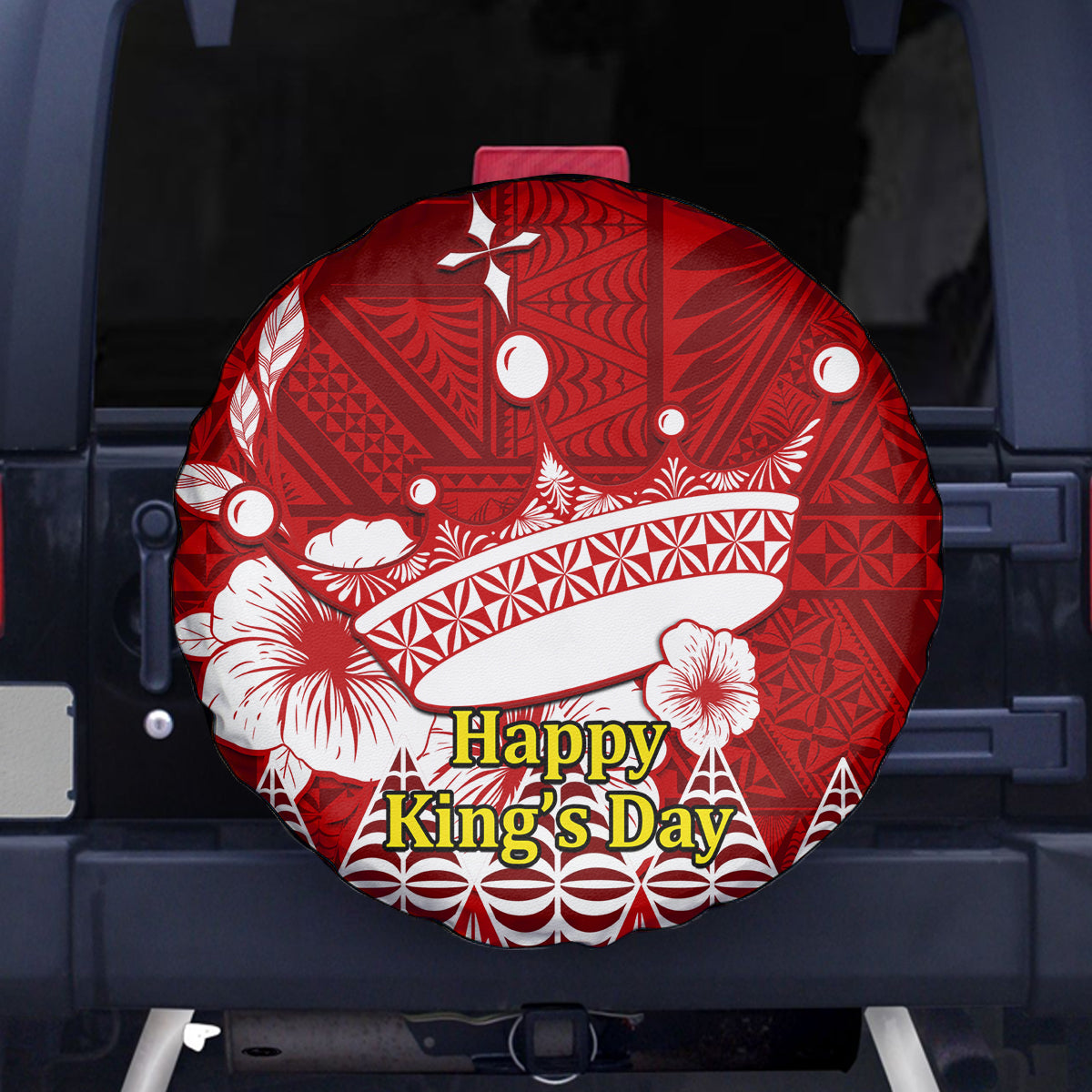 Personalised Tonga King Tupou I Day Spare Tire Cover Tongan Ngatu Pattern With Crown - Wonder Print Shop