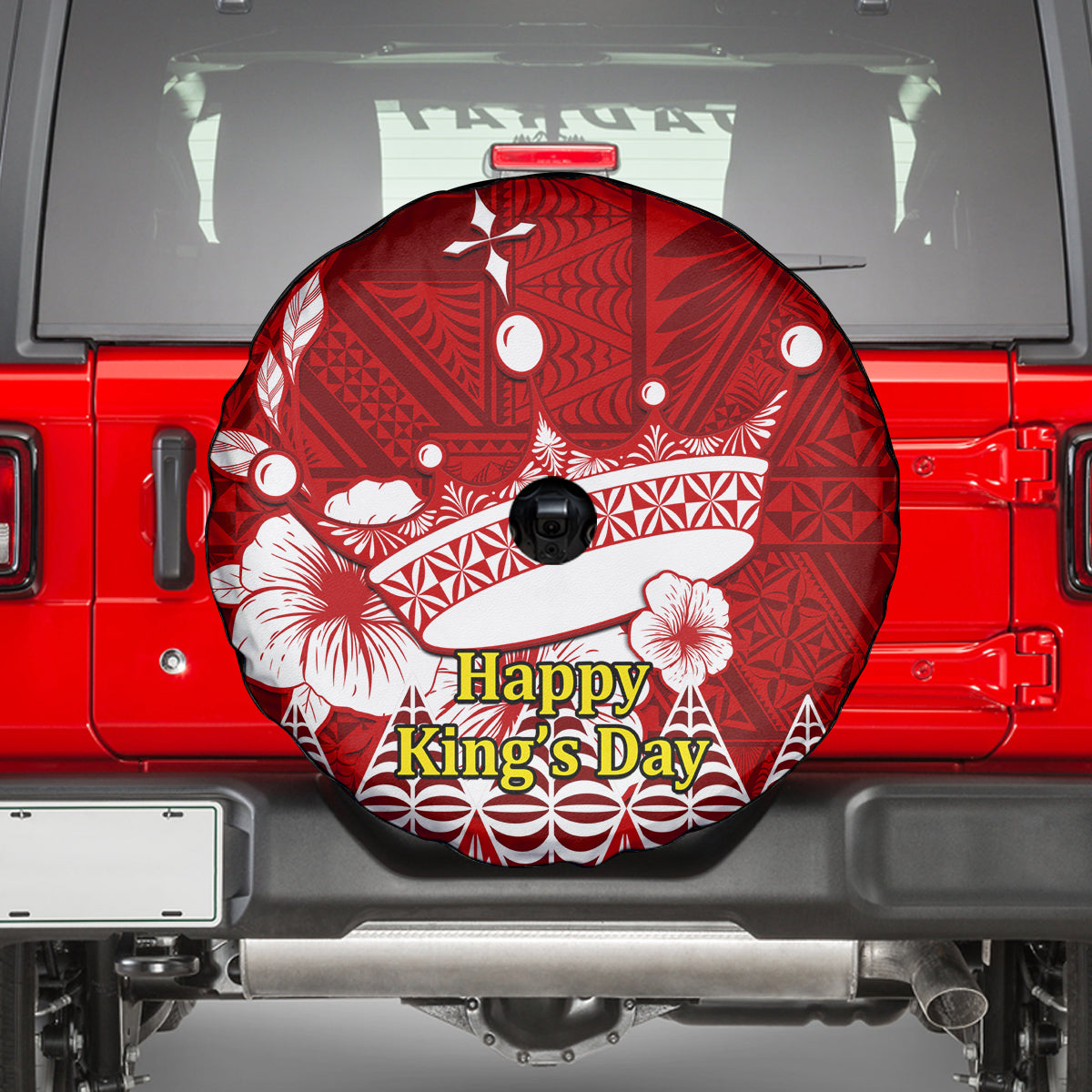 Personalised Tonga King Tupou I Day Spare Tire Cover Tongan Ngatu Pattern With Crown - Wonder Print Shop