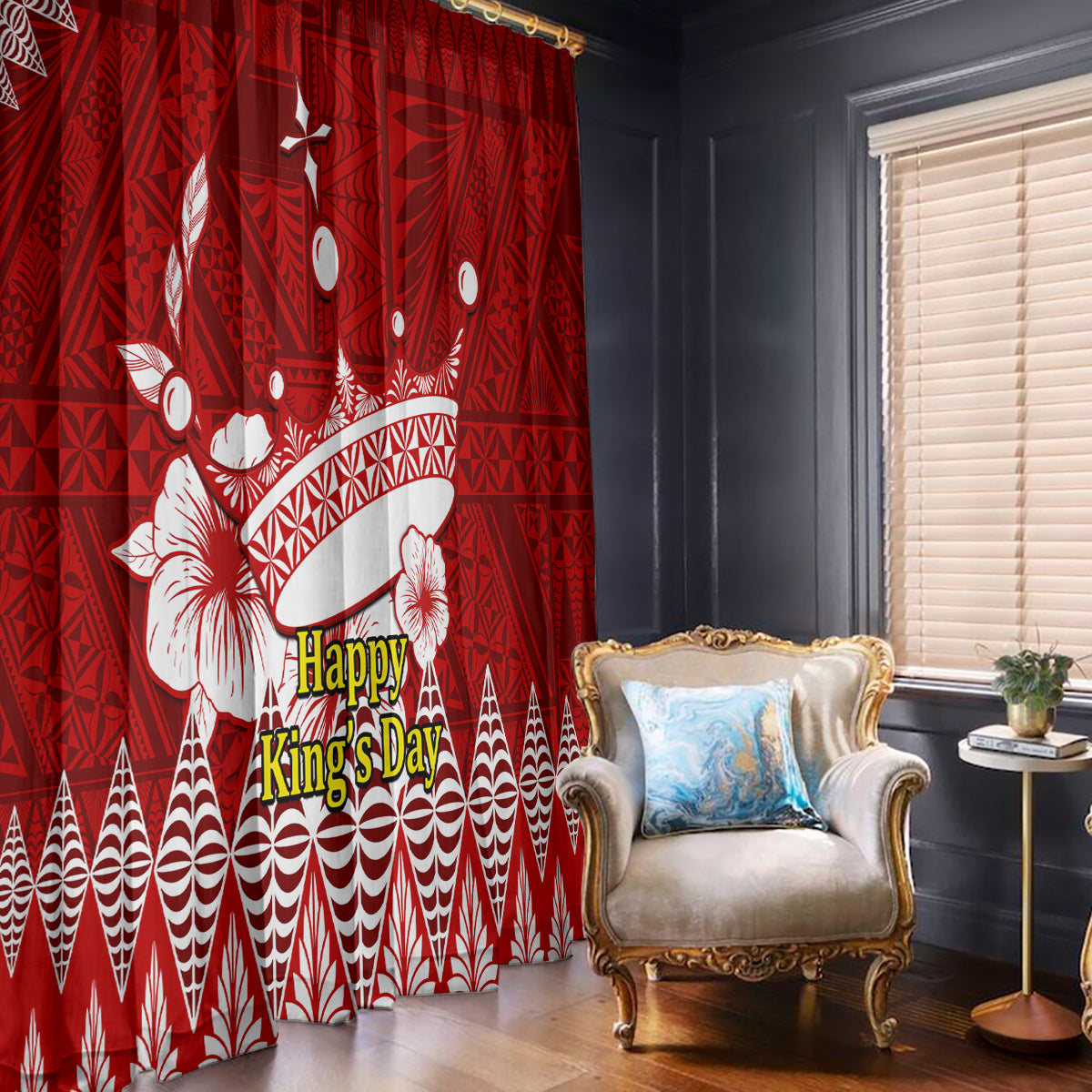 Personalised Tonga King Tupou I Day Window Curtain Tongan Ngatu Pattern With Crown - Wonder Print Shop