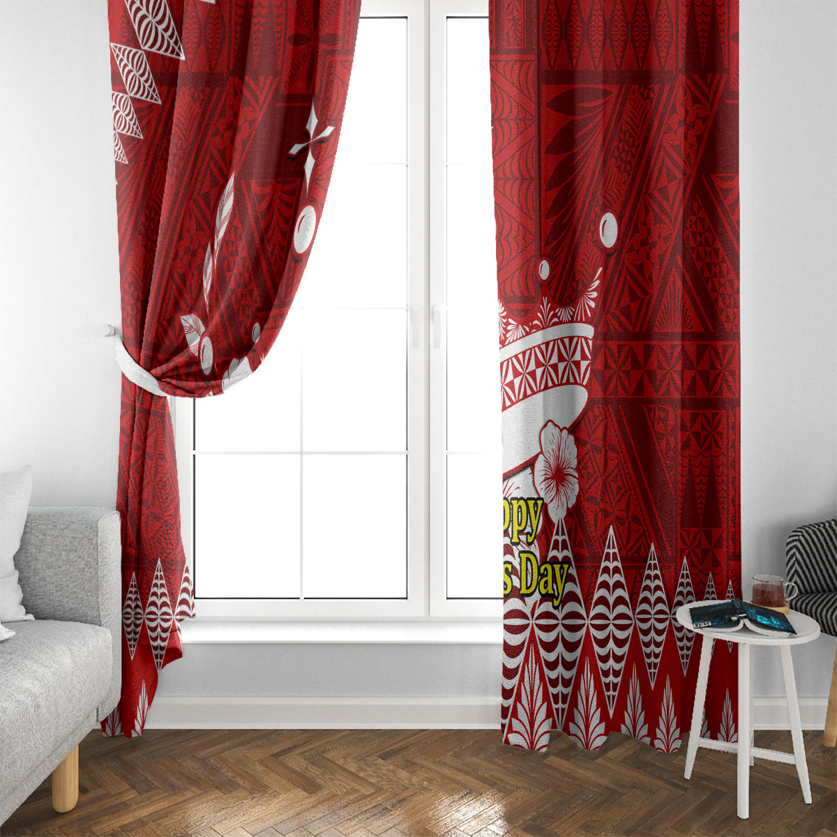 Personalised Tonga King Tupou I Day Window Curtain Tongan Ngatu Pattern With Crown - Wonder Print Shop